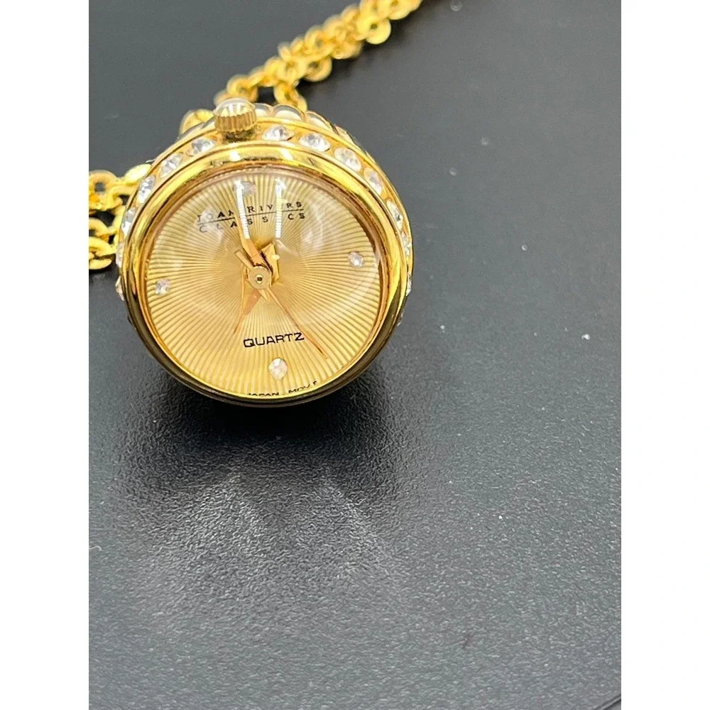 Joan Rivers Vintage Gold Tone Watch Pendant Crystal Egg Shape Necklace Works‎